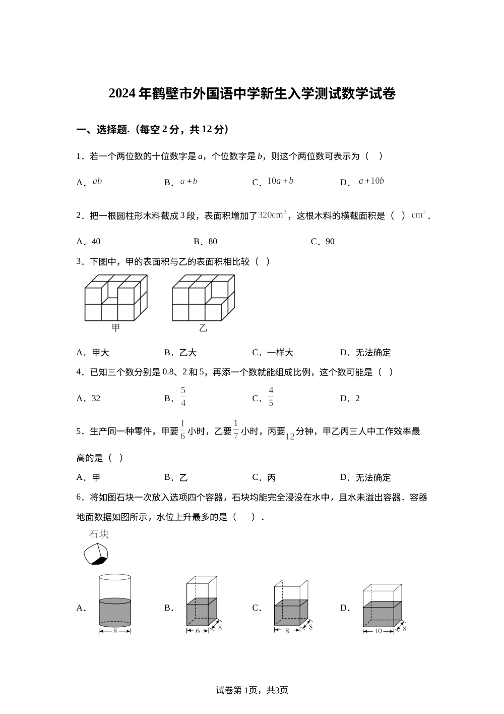 2024年河南省鹤壁市外国语中学小升初分班测试 数学试卷 第1页预览