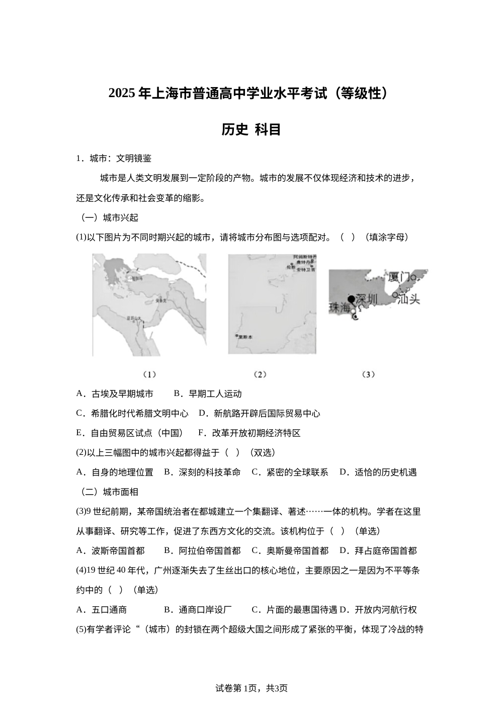 2025年上海高考历史真题 第1页预览