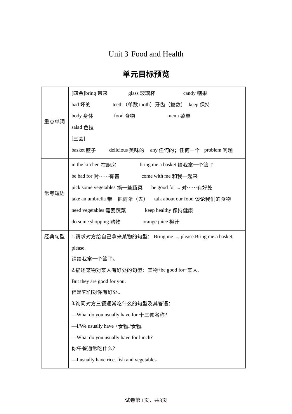 Unit 3 单元目标预览~Part A-【拔尖特训】2023-2024学年六年级上册英语  闽教版 第1页预览
