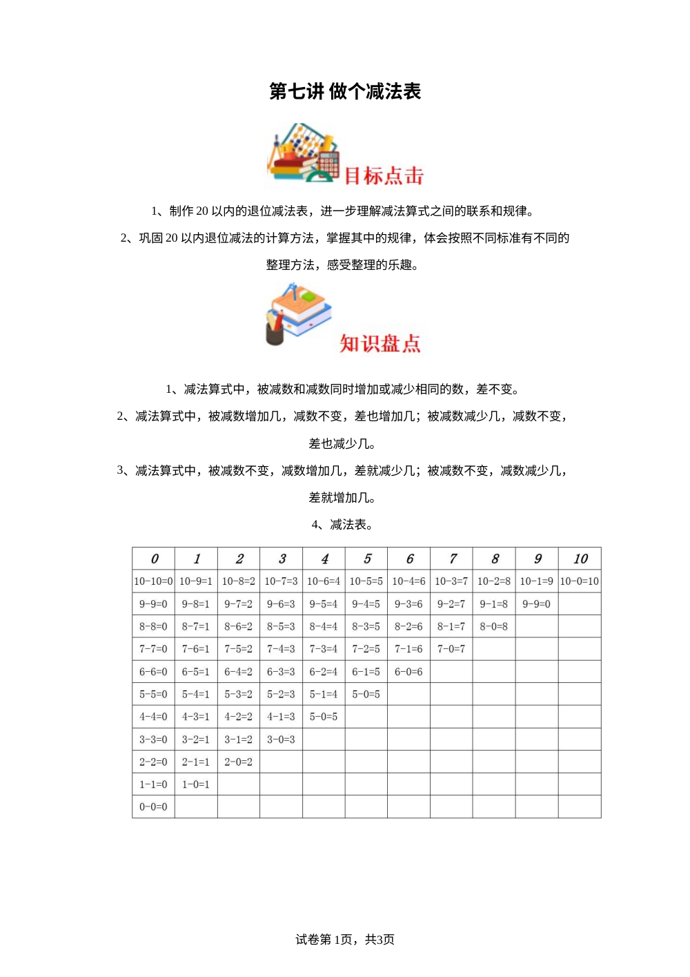 第七讲&nbsp; 做个减法表-2023-2024学年一年级下册数学寒假自学课（北师大版） 第1页预览