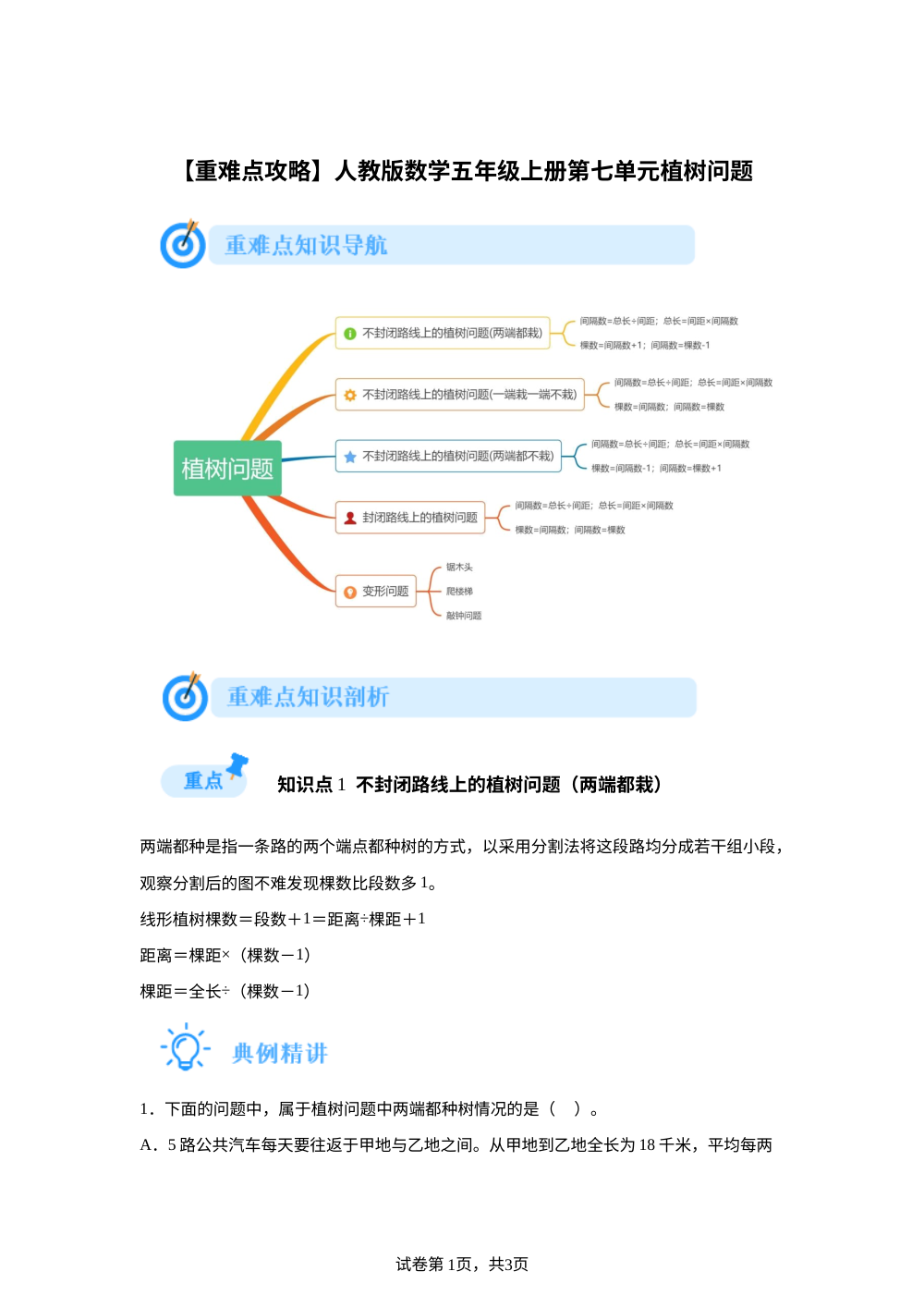 人教版数学五年级上册第七单元数学广角&mdash;&mdash;植树问题【重难点攻略】 第1页预览