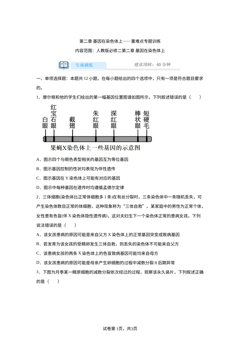 必修二第二章基因在染色体上专项训练 第1页预览