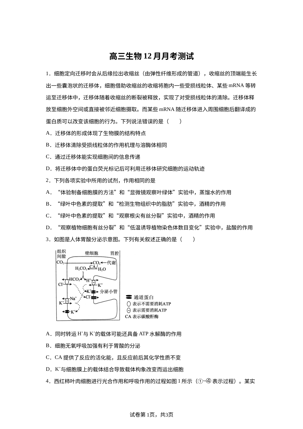 山东省潍坊中学2025-2026学年高三上学期12月月考生物试题 第1页预览