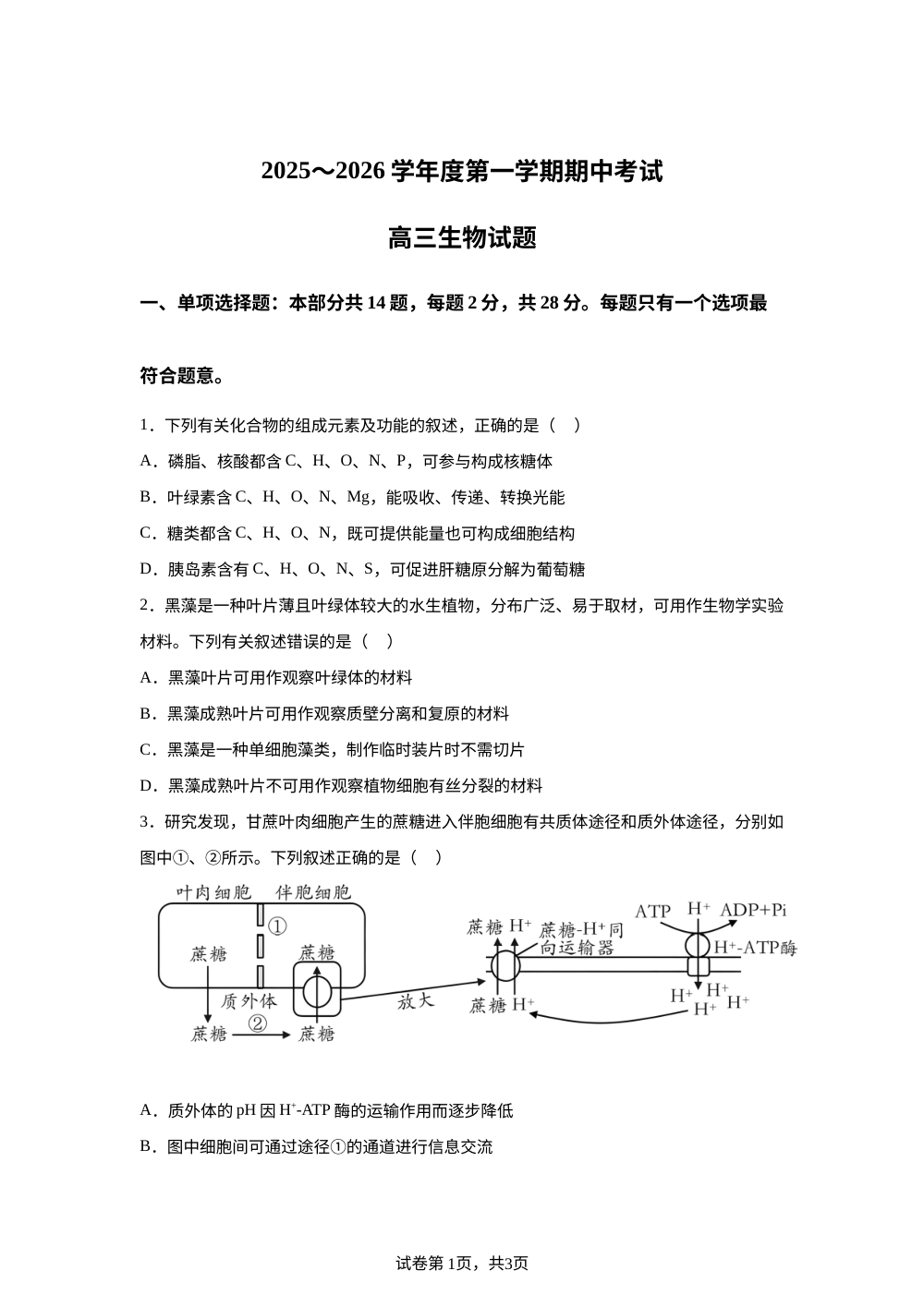 江苏省南京市南京师范大学附属中学2025-2026学年高三上学期期中考试生物试题 第1页预览