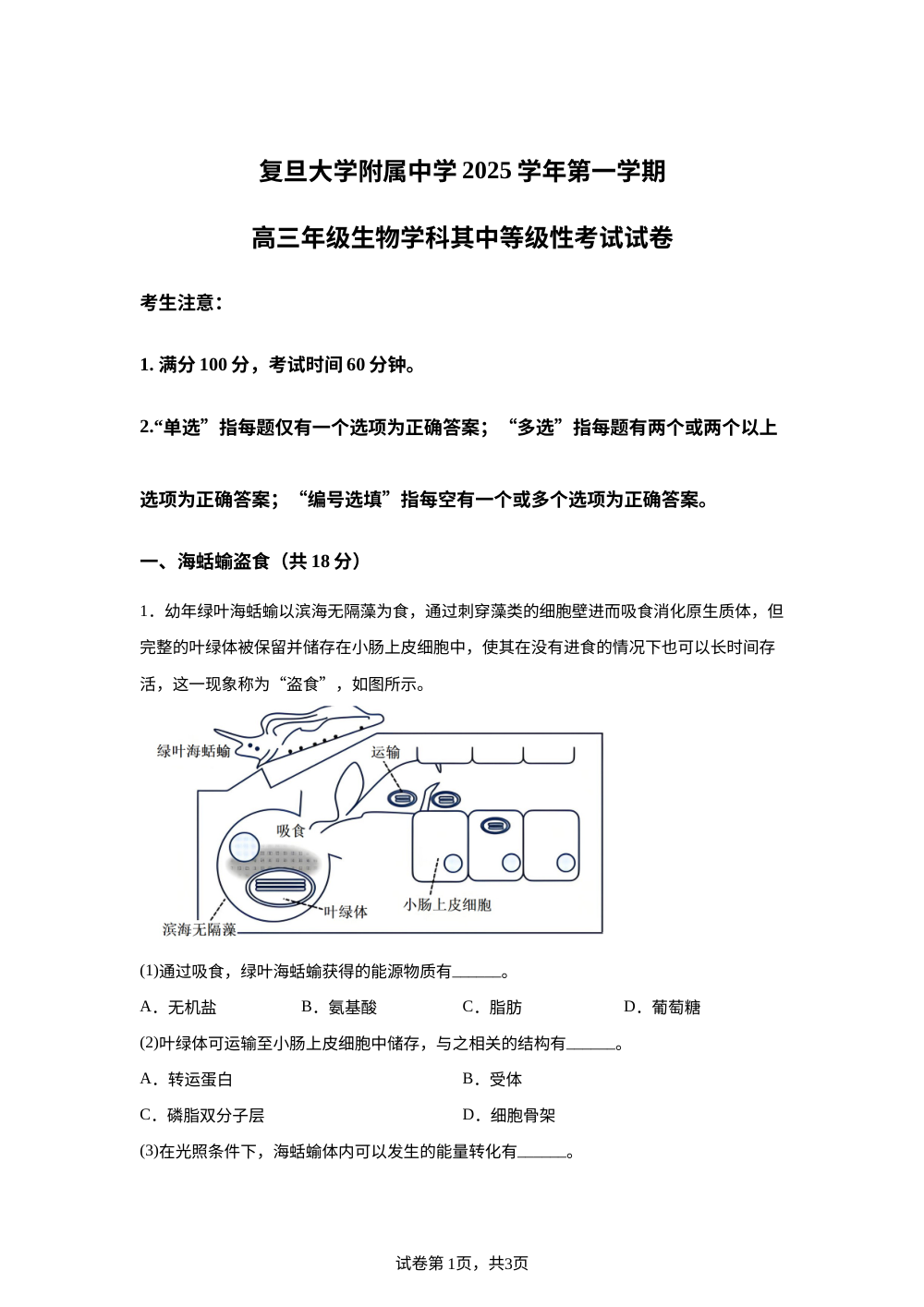 上海市复旦大学附属中学2025-2026学年高三上学期期中等级性考试生物试题 第1页预览