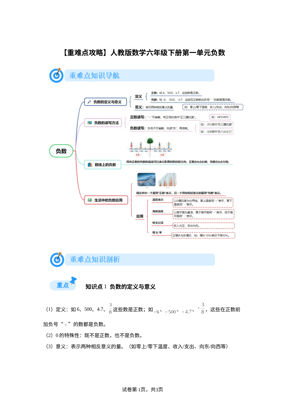 【重难点攻略】人教版数学六年级下册 第一单元负数 第1页预览