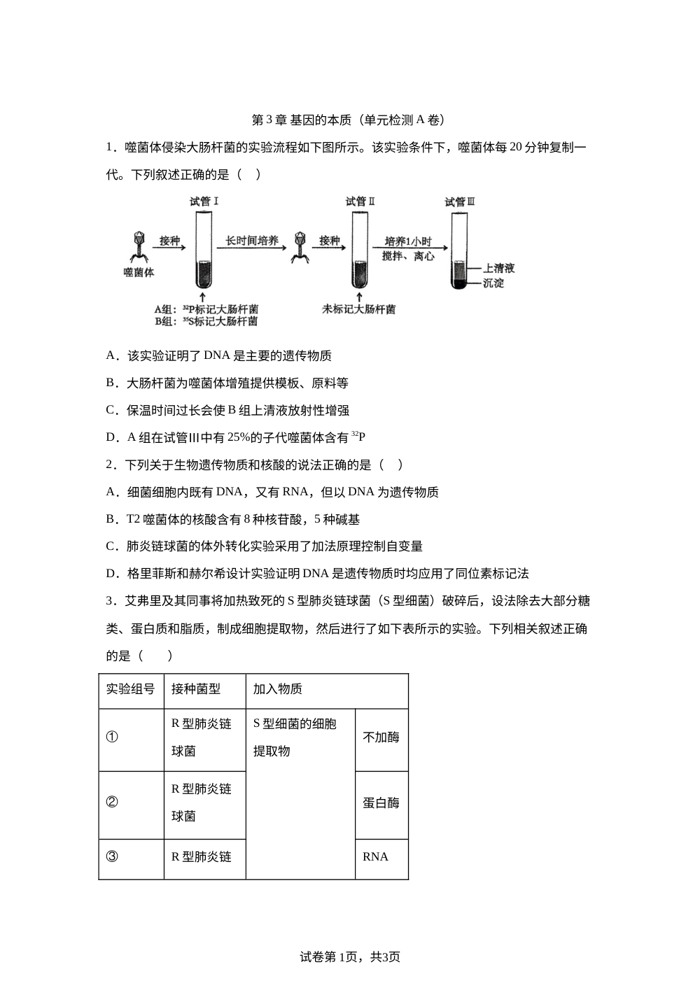 第3章 基因的本质（单元检测A卷） 第1页预览
