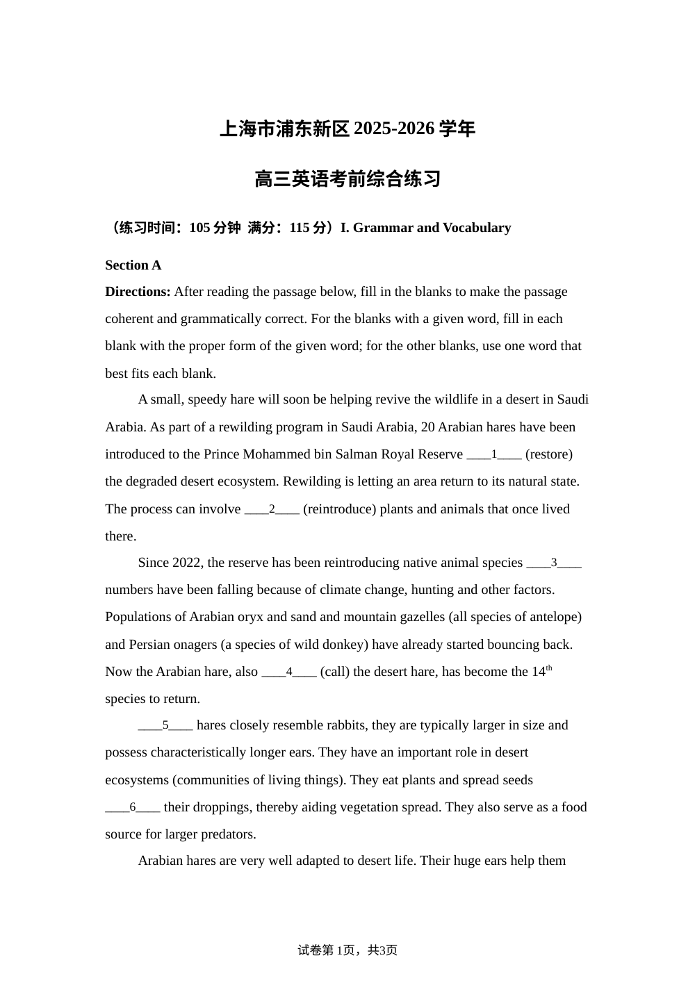 上海市浦东新区2025-2026学年高三英语考前综合练习 第1页预览