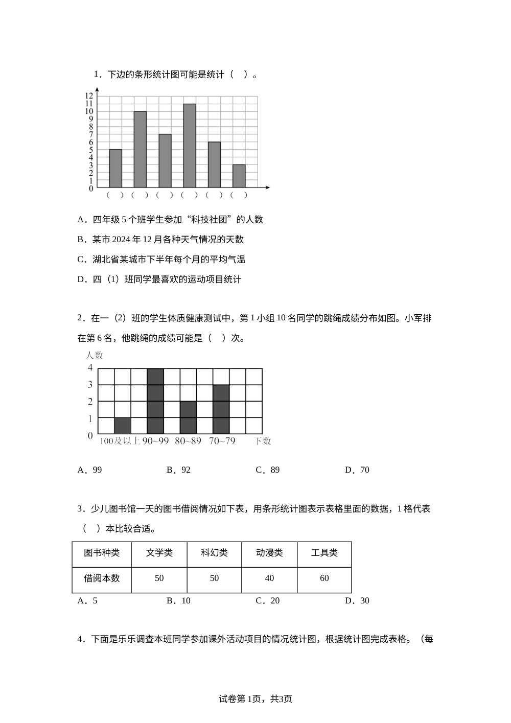 青岛版五年制数学三年级下册6.1 1格表示一个单位的单式条形统计图课后作业 第1页预览
