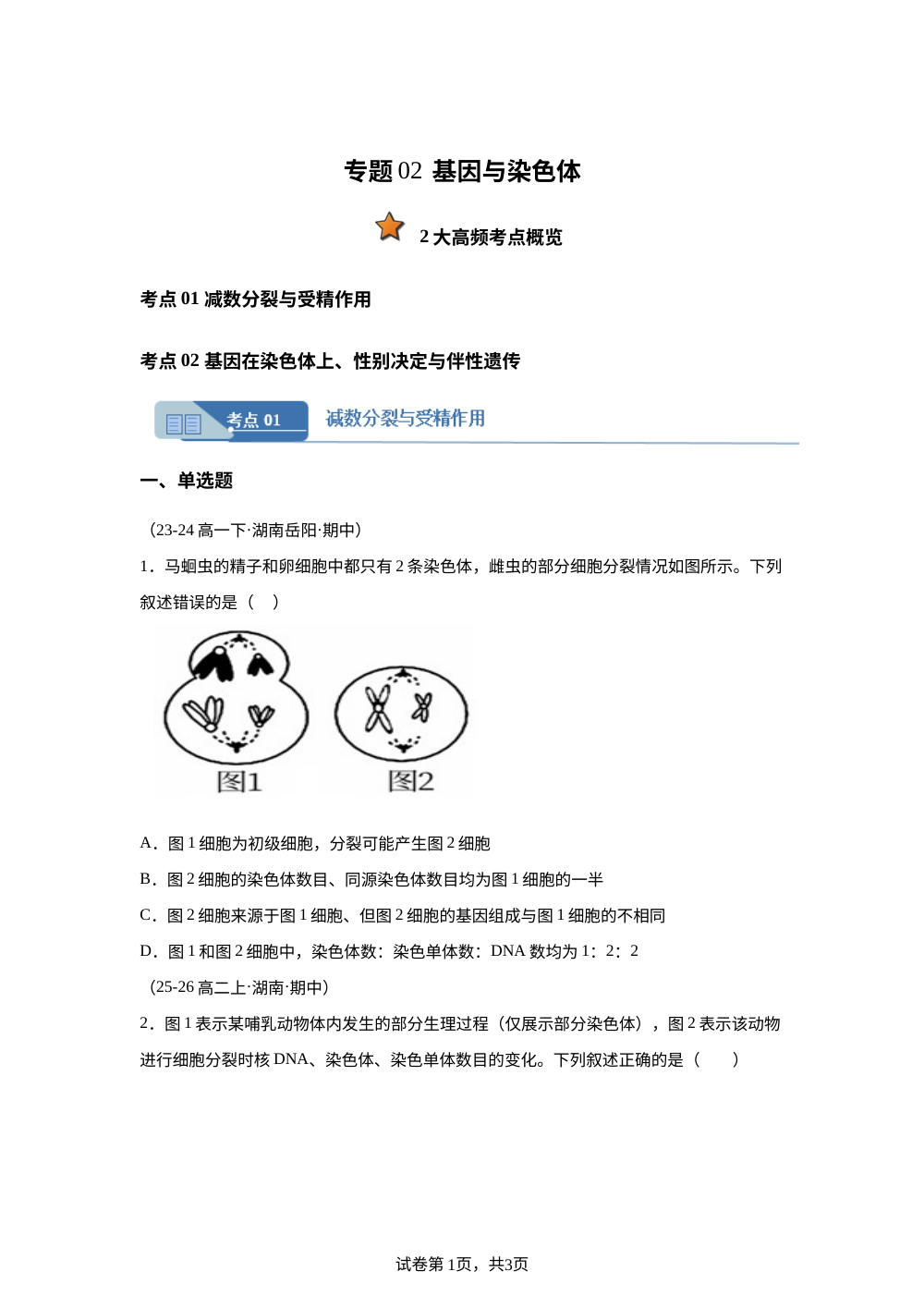 专题02 基因与染色体（期中真题汇编，湖南专用）高一生物下学期 第1页预览