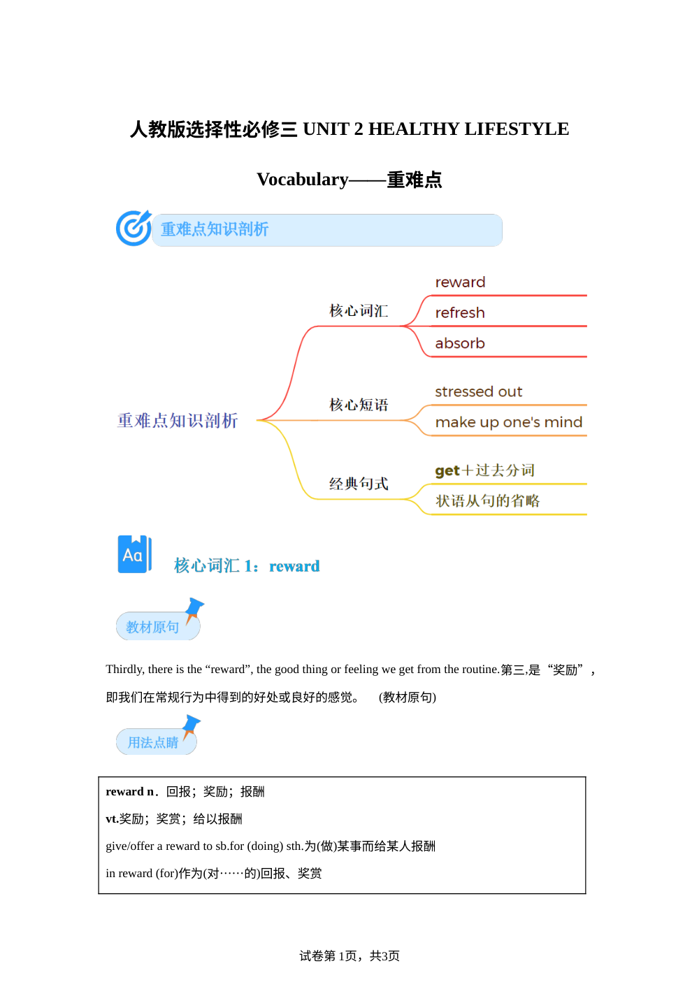人教版选择性必修三 UNIT2 HEALTHY LIFESTYLE.重难点 第1页预览