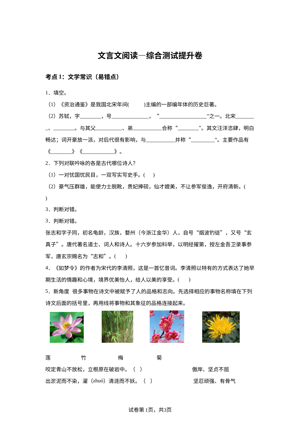 文言文阅读&mdash;综合测试提升卷 第1页预览