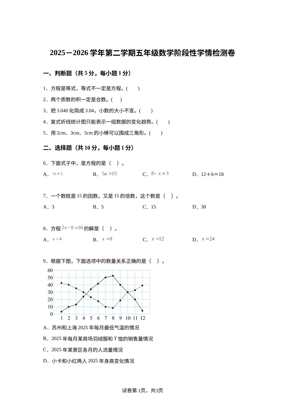 2025-2026学年江苏省苏州市吴江区思贤实验小学苏教版五年级下册期中学情检测数学试卷 第1页预览