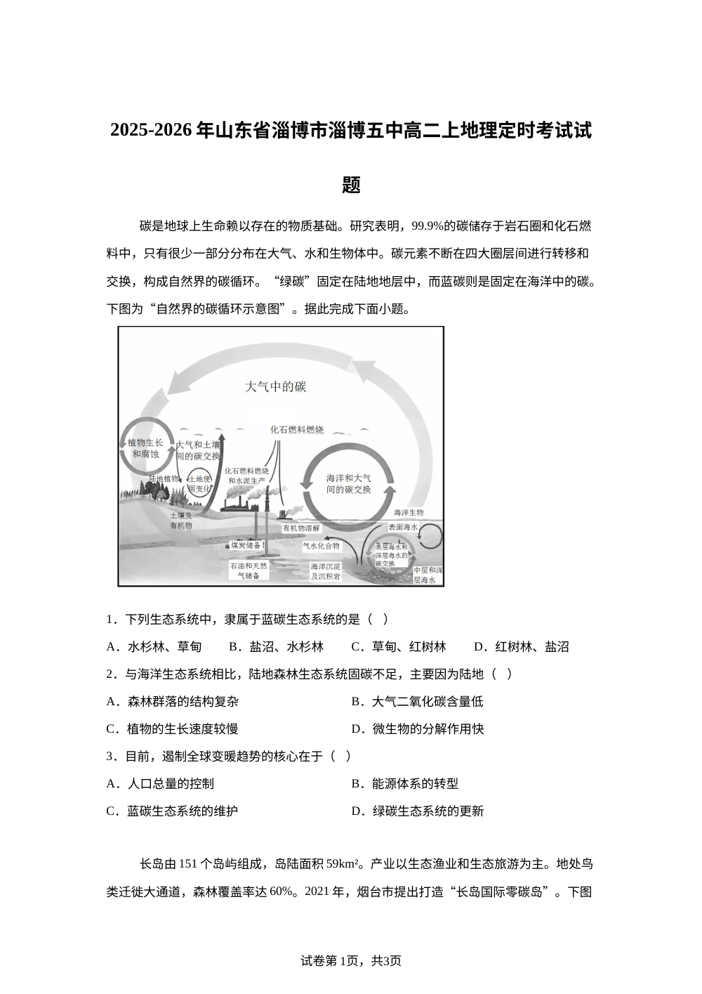 山东省淄博第五中学2025-2026学年高二上学期定时考试地理试题 第1页预览