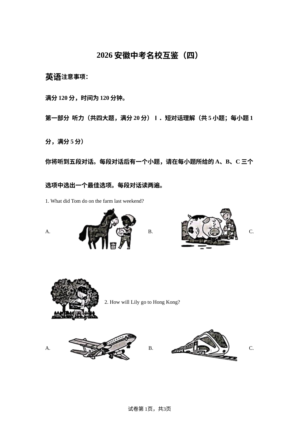 安徽滁州市琅琊区2026年中考考前预测英语试卷 第1页预览
