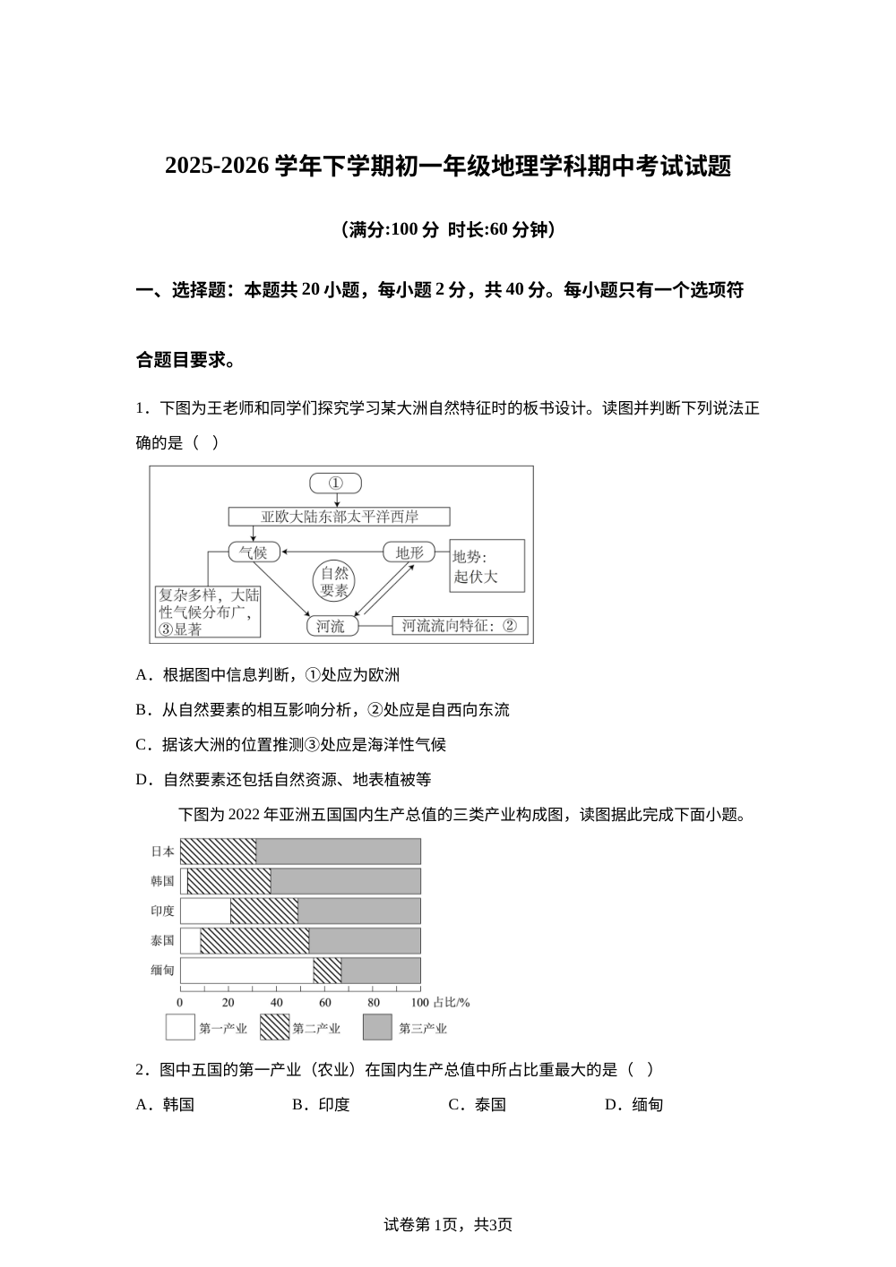 山东日照市北京路中学2025-2026学年七年级下学期地理期中考试卷 第1页预览