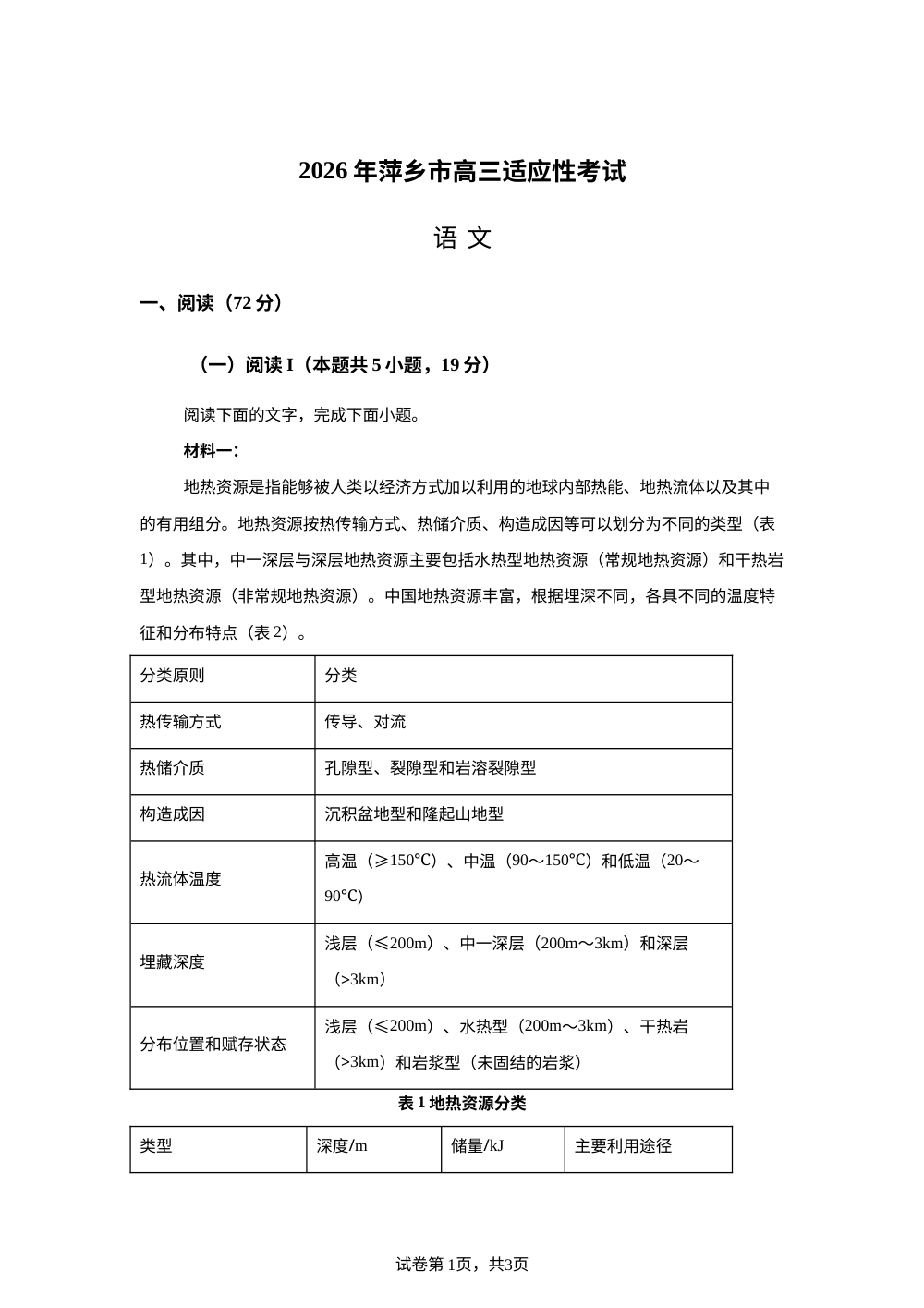 2026届江西萍乡市高考适应性考试语文试卷 第1页预览