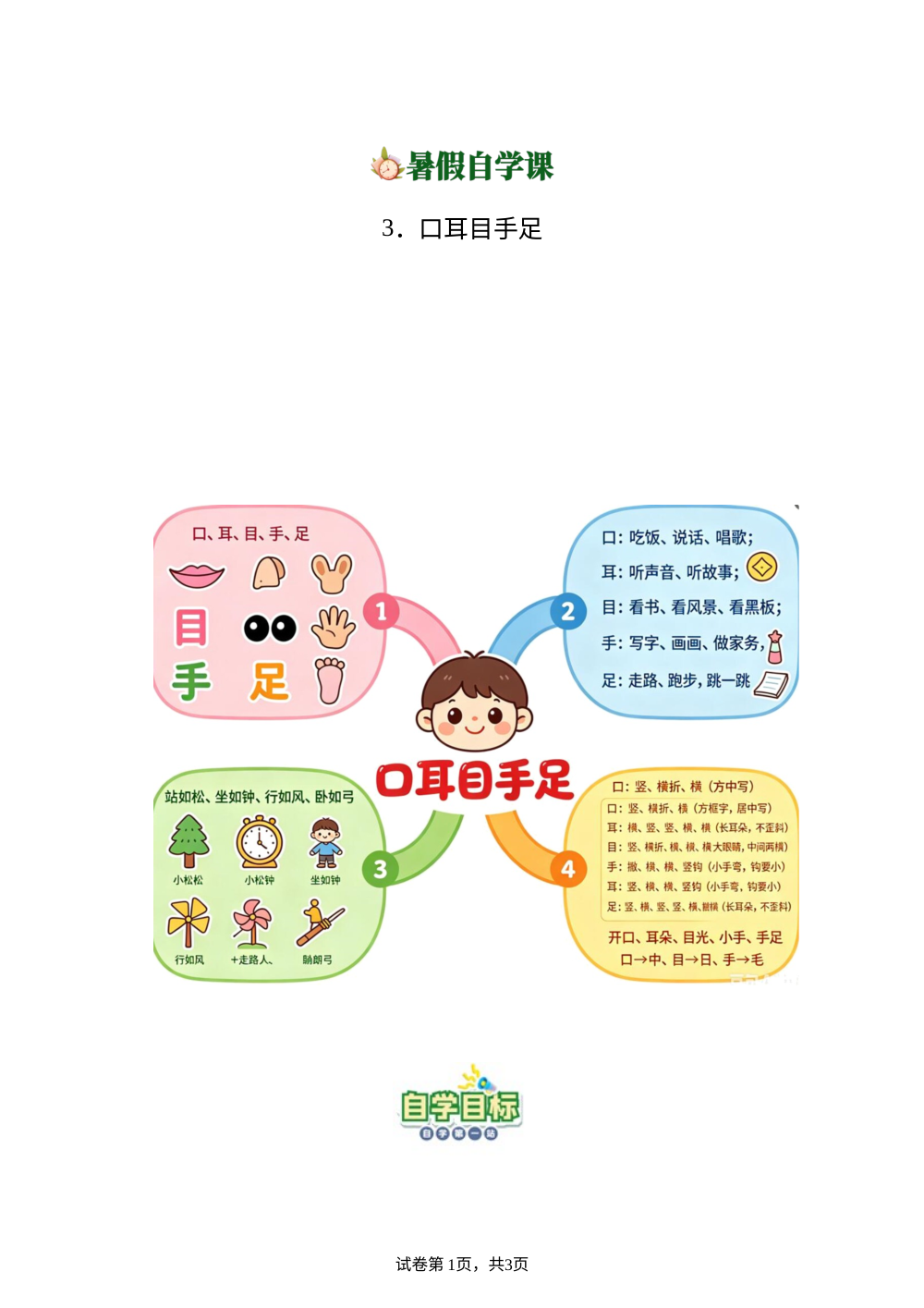 识字3.口耳目手足(导学案)新一年级语文暑假自学课（统编版&middot;新教材） 第1页预览