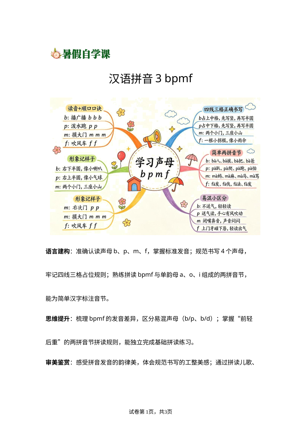 汉语拼音3.bpmf(导学案)新一年级语文暑假自学课（统编版&middot;新教材） 第1页预览