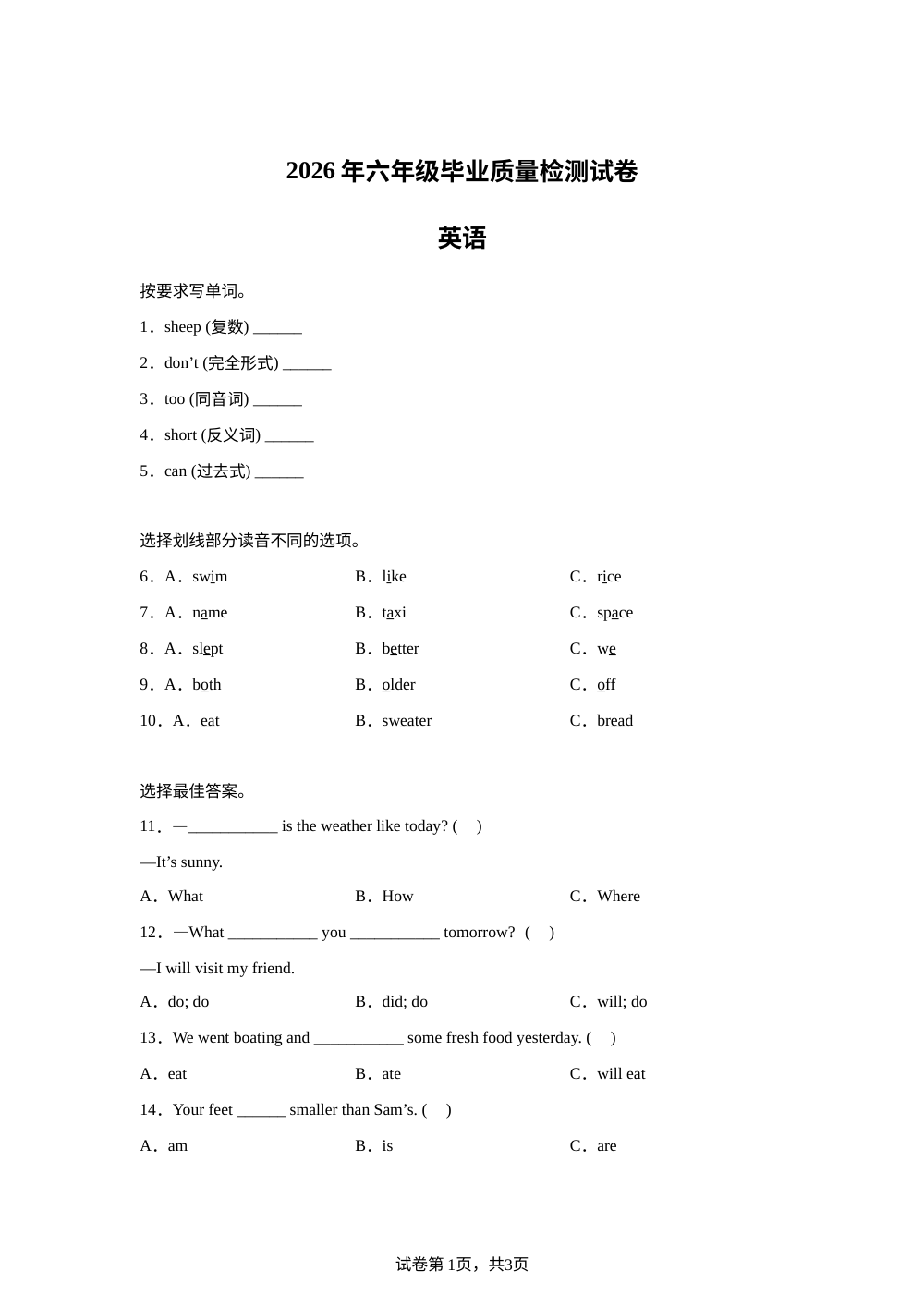 甘肃平凉市泾川县黑河乡阳坡小学2025-2026学年人教PEP版（2012）下学期六年级毕业质量检测试卷英语 第1页预览