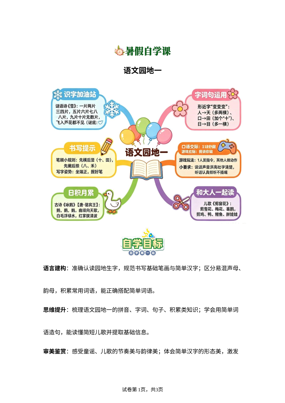语文园地一(导学案)新一年级语文暑假自学课（统编版&middot;新教材） 第1页预览