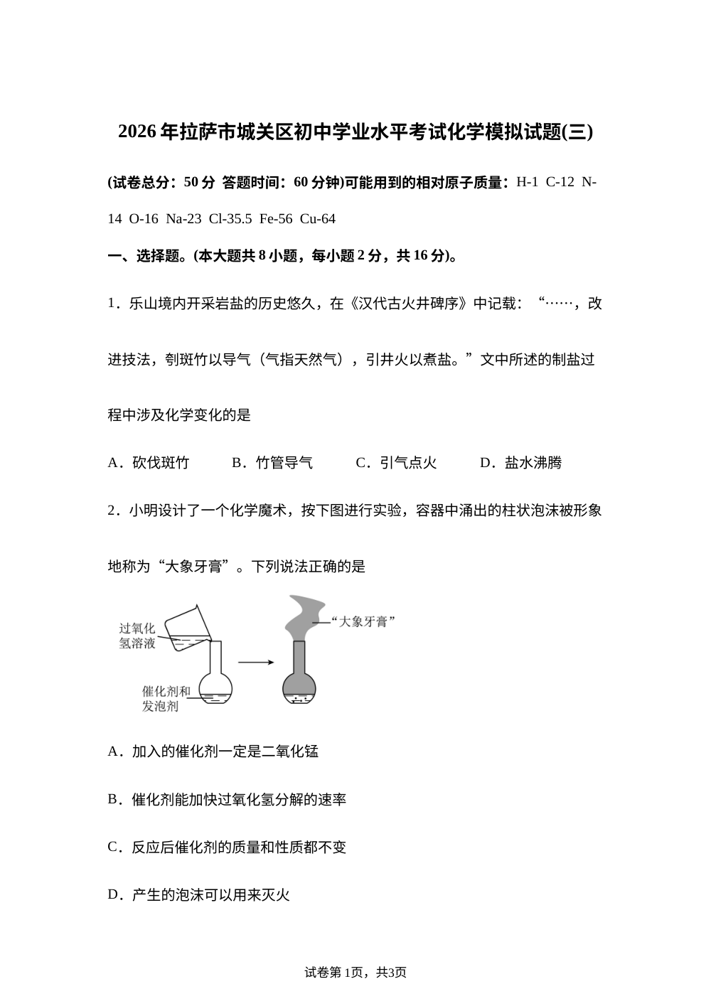 2026年西藏拉萨市中考考前模拟预测化学试题 第1页预览