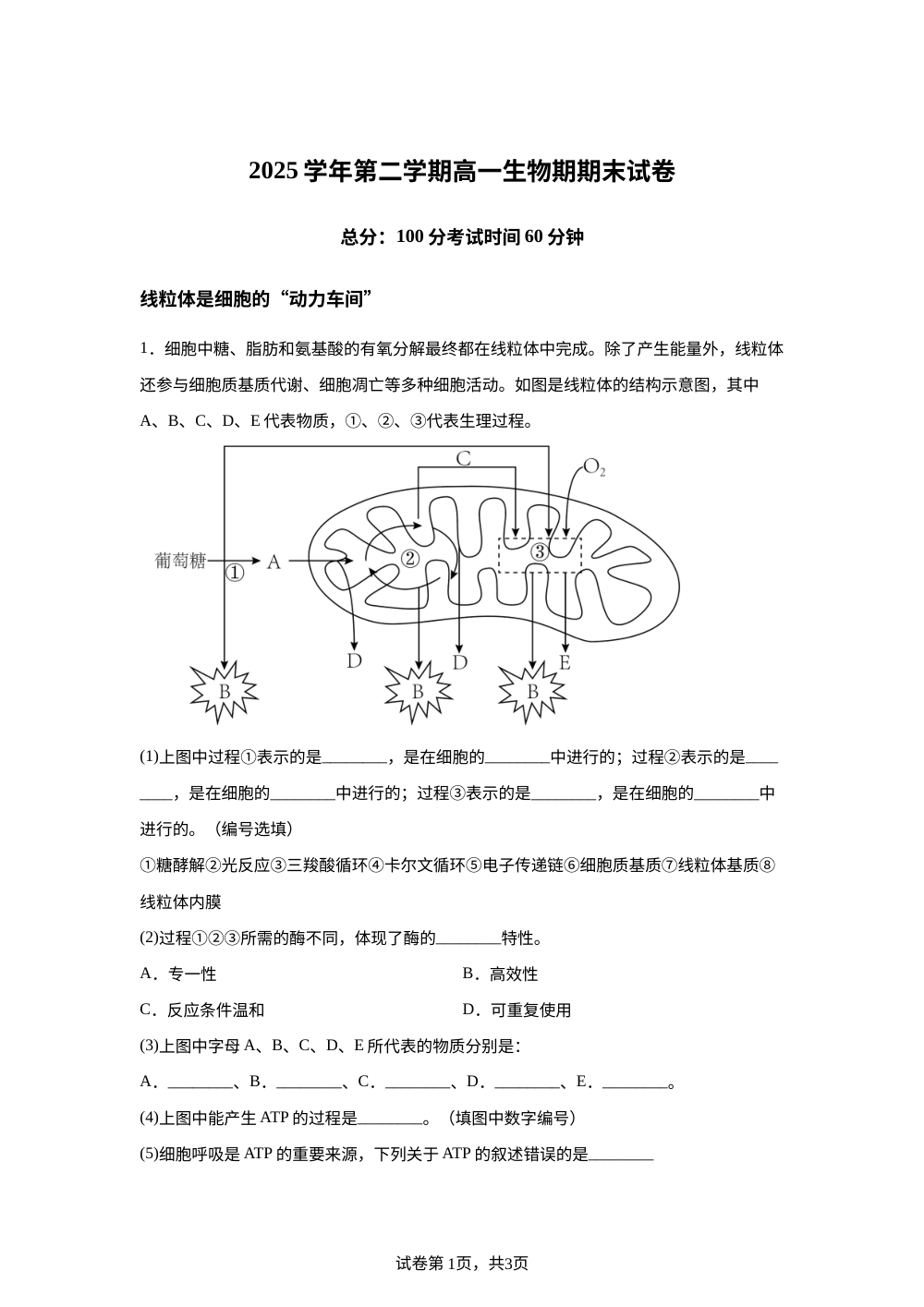 上海市曹杨中学2025-2026学年高一第二学期期末考试生物试题 第1页预览