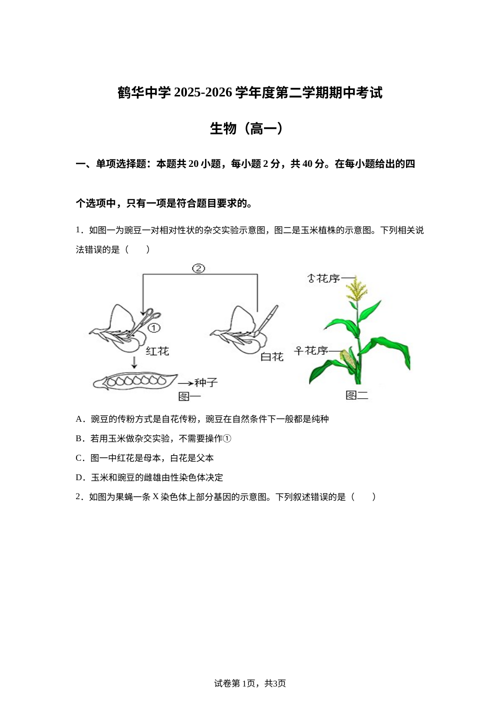 广东省江门市鹤山市鹤华中学2025-2026学年高一下学期期中考试生物试题 第1页预览