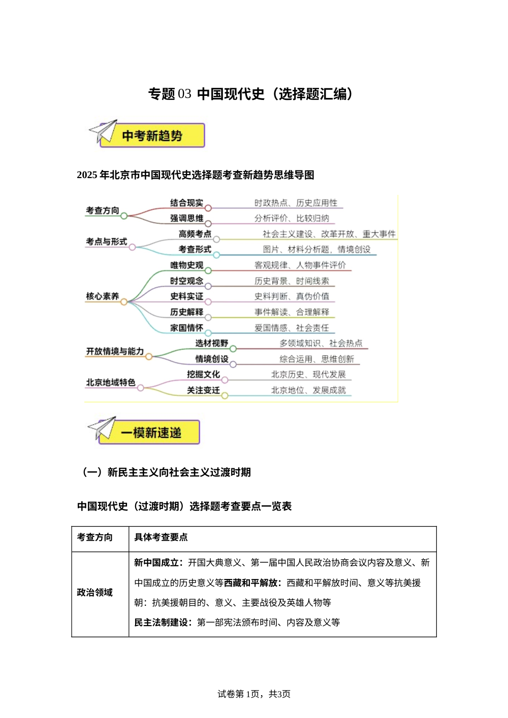 专题03 中国现代史（选择题汇编）（北京专用）-【好题汇编】2025年中考历史一模试题分类汇编 第1页预览