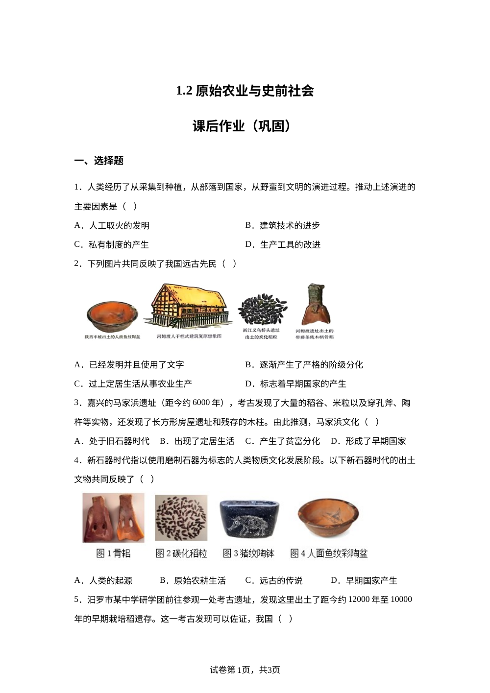 1.2 原始农业与史前社会课后作业（巩固） 第1页预览