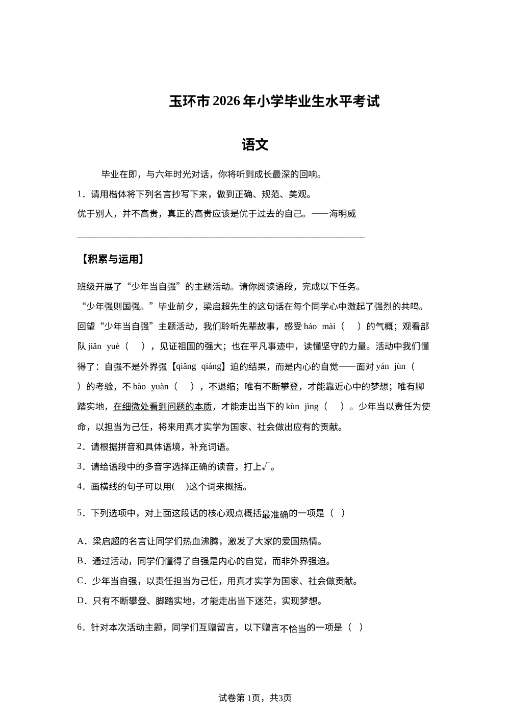 浙江省台州市玉环市2025-2026学年统编版2016六年级下学期毕业生水平考试语文试题 第1页预览
