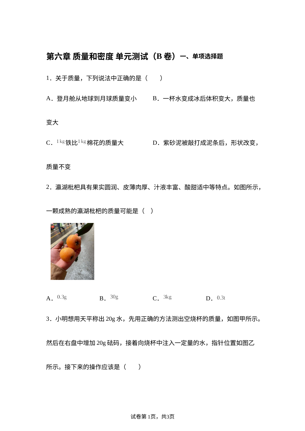 第六章 质量和密度 单元测试（B卷） 第1页预览