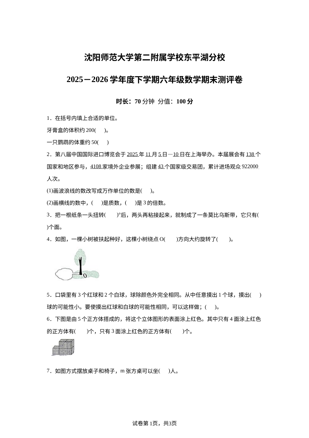 辽宁省沈阳师范大学第二附属学校东平湖分校2025-2026学年北师大版六年级下学期数学期末试卷 第1页预览