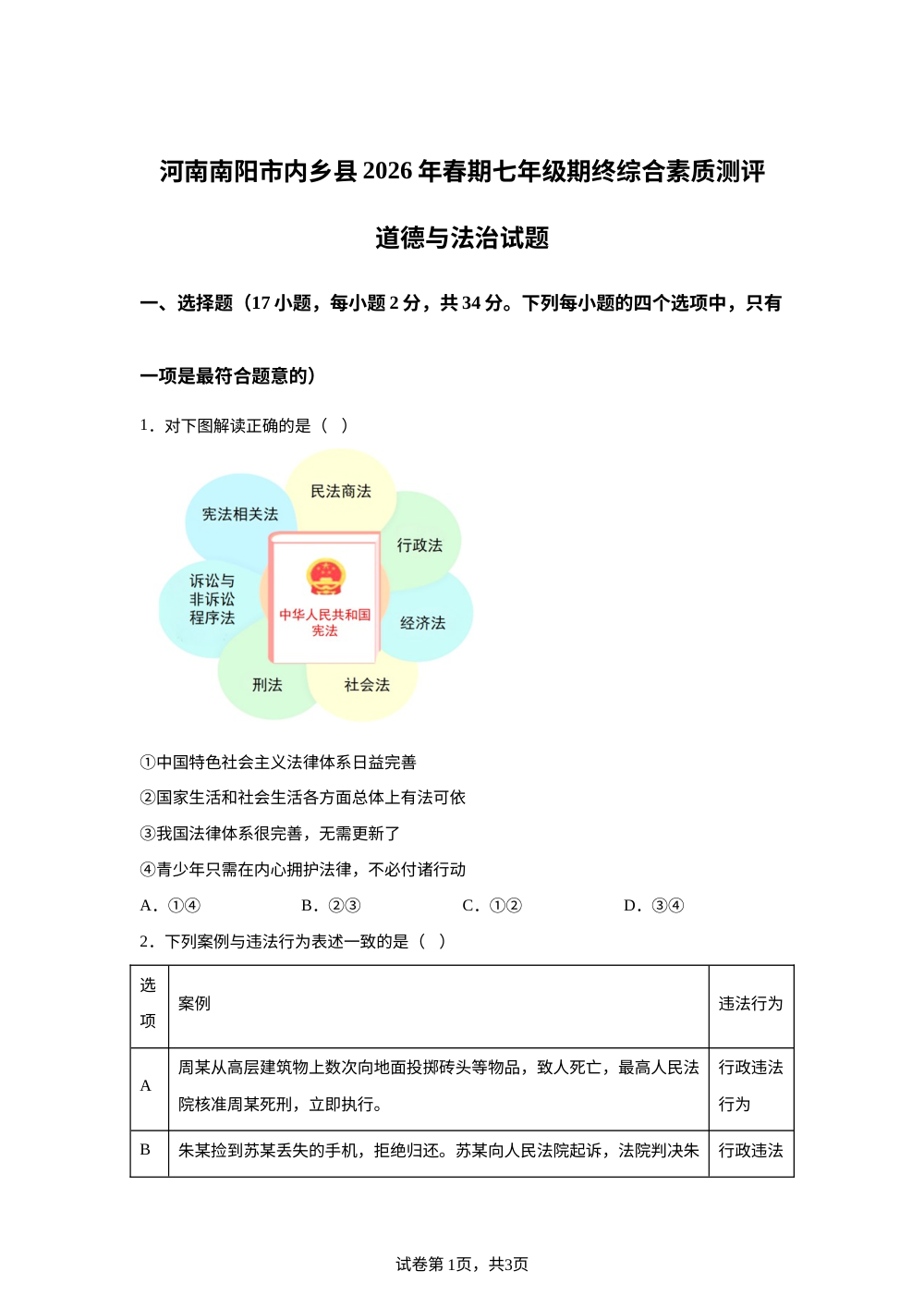 河南南阳市内乡县2026年春期七年级期终综合素质测评道德与法治试题 第1页预览