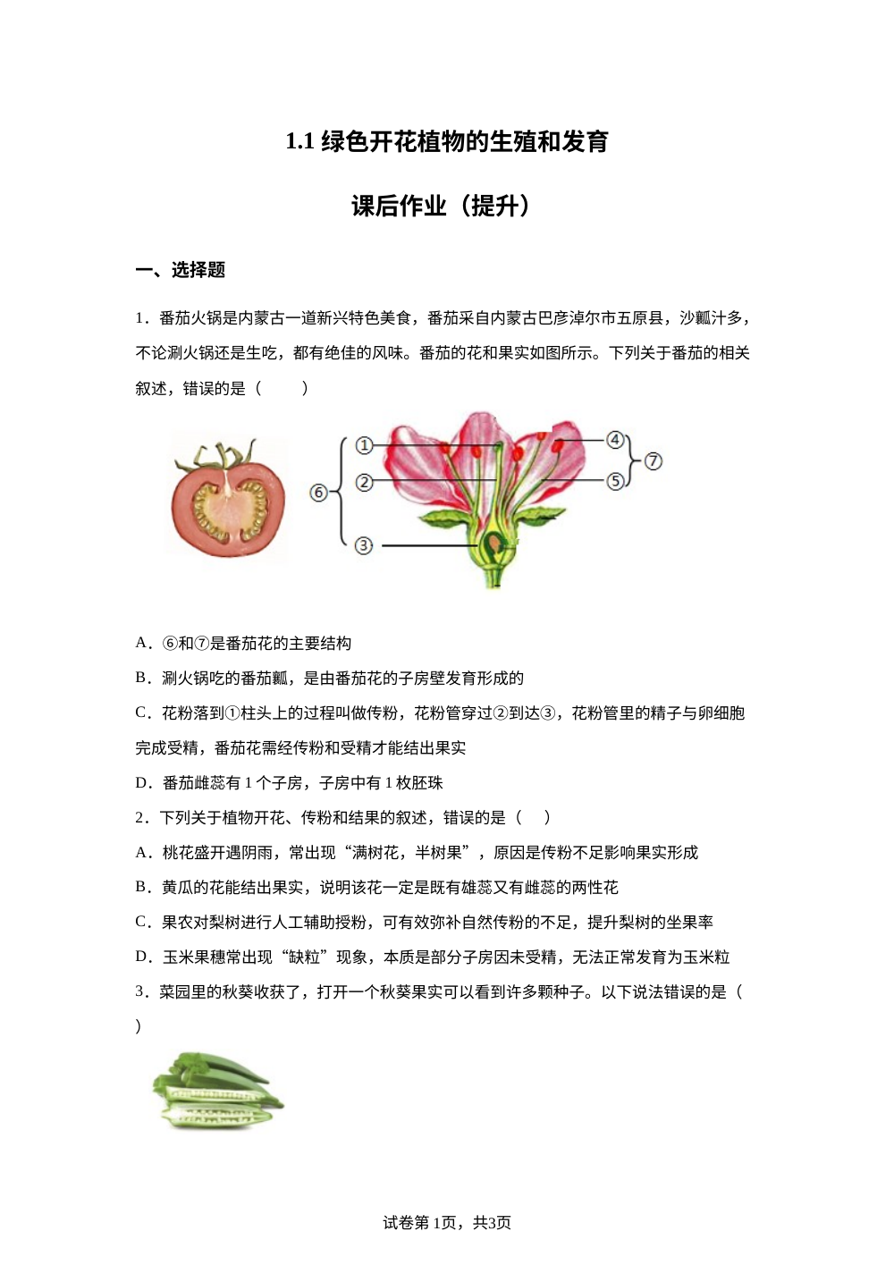 1.1 绿色开花植物的生殖和发育课后作业（提升） 第1页预览