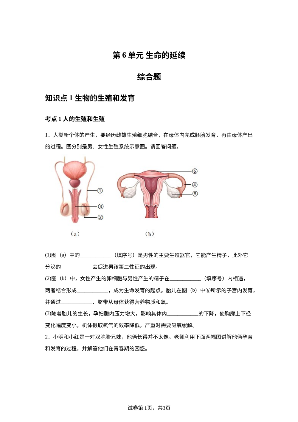 第6单元 生命的延续综合题 第1页预览