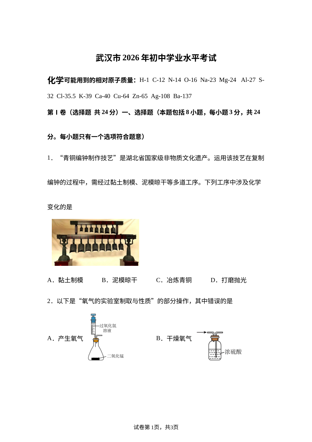 2026年湖北武汉市中考化学真题 第1页预览