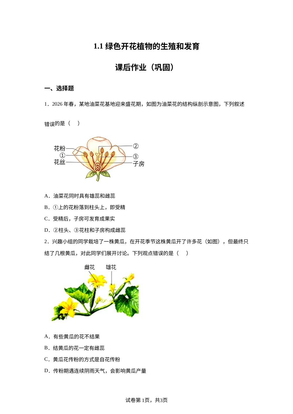 1.1 绿色开花植物的生殖和发育课后作业（巩固） 第1页预览