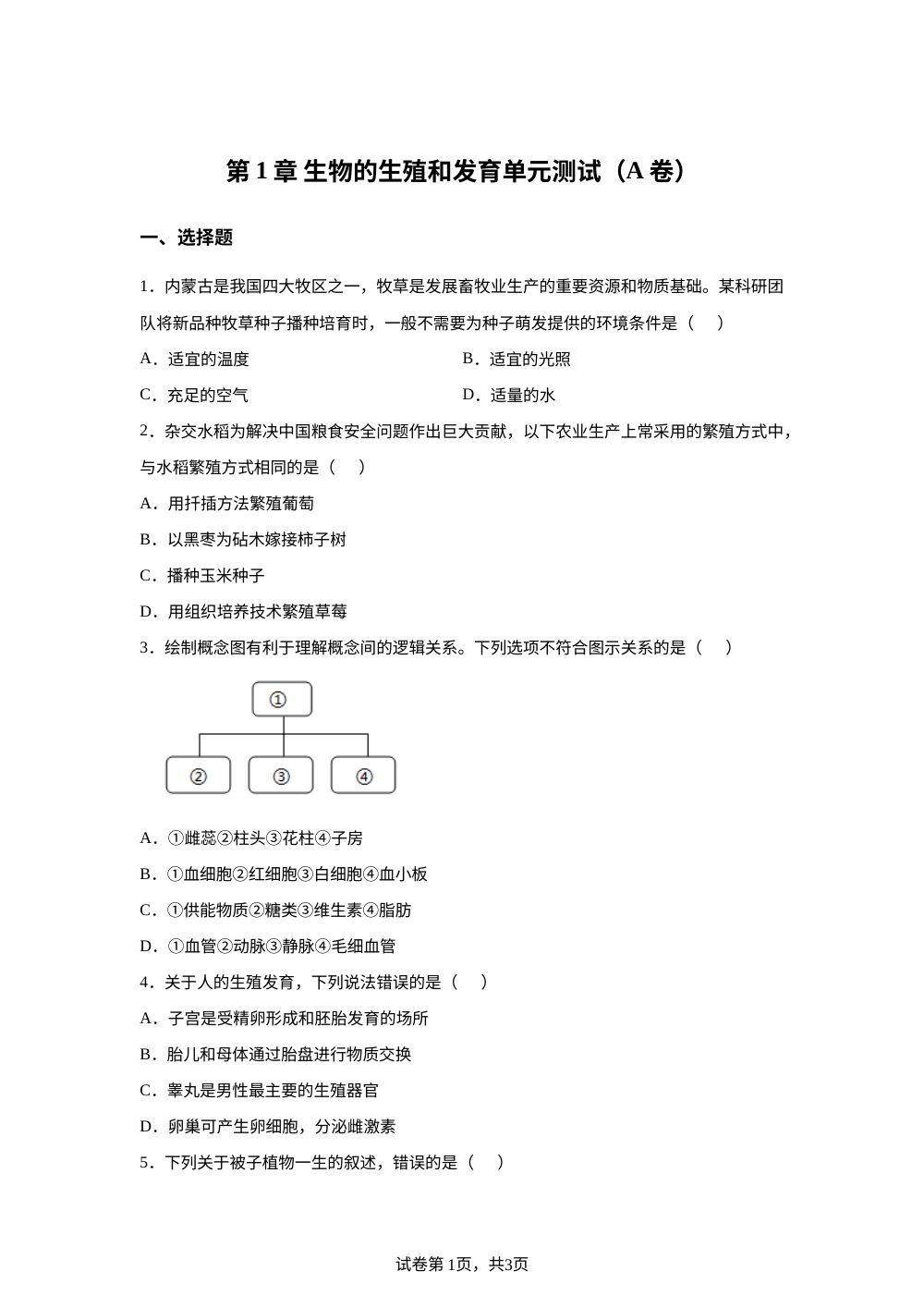 第1章 生物的生殖和发育单元测试（A卷） 第1页预览