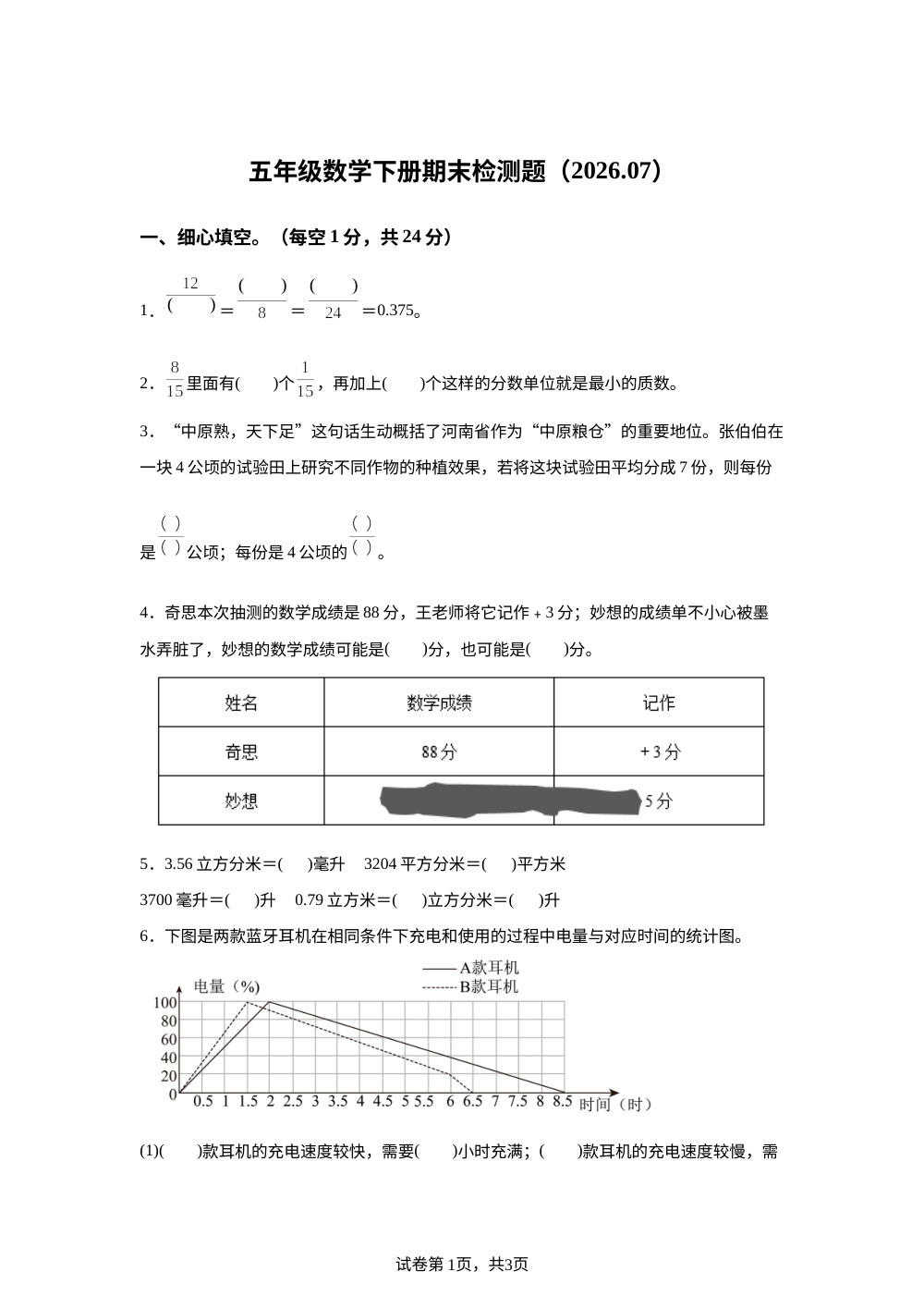 山东聊城市莘县实验小学教育集团2025-2026学年青岛版五年级下学期期末数学素养展示试卷 第1页预览