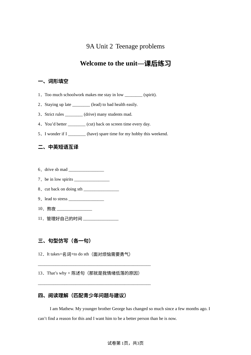 译林版九年级上册 Unit 2 Welcome to the unit 课后作业 第1页预览