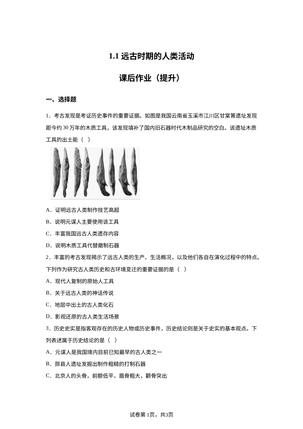1.1 远古时期的人类活动课后作业（提升） 第1页预览