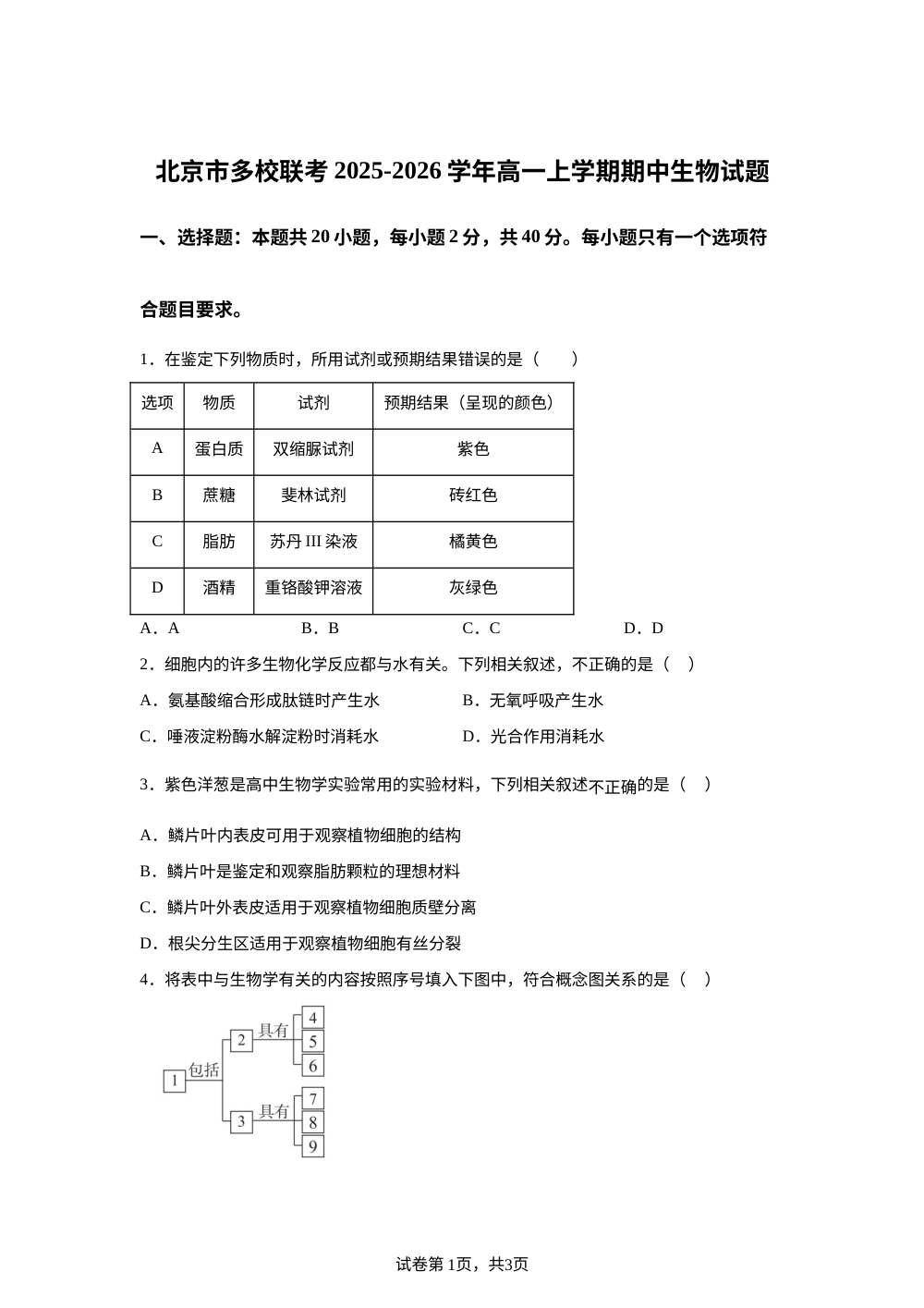 北京市多校联考2025-2026学年高一上学期期中生物试题 第1页预览