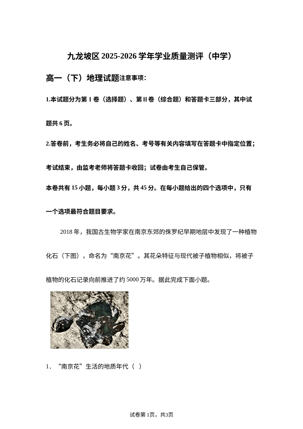 重庆市九龙坡区2025-2026学年高一下学期7月期末地理试题 第1页预览